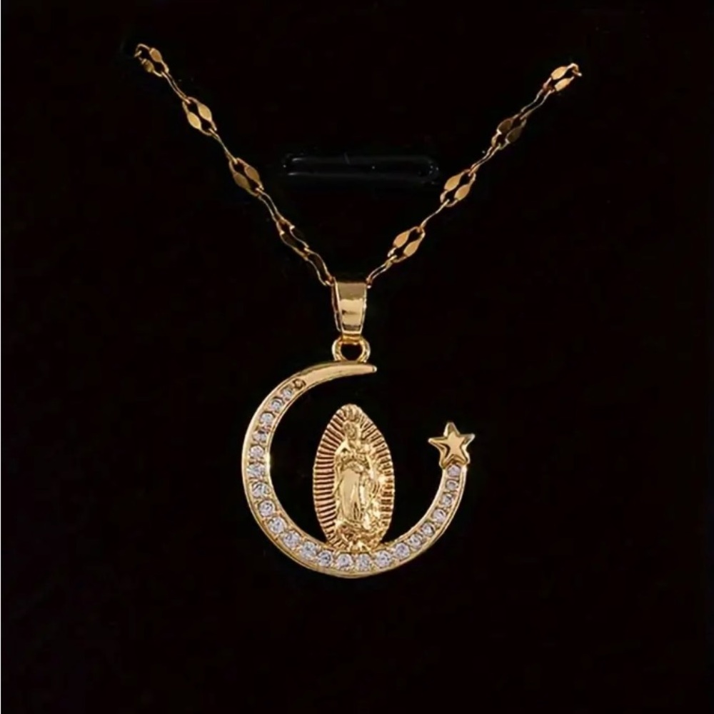 Virgin Mary Gold Crescent Moon With Star Pendant Necklace